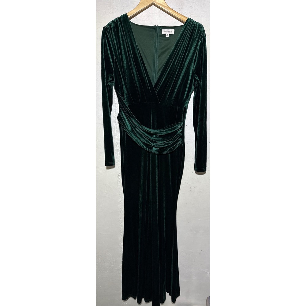 FAERIESTY Womens Deep V Neck Ruched Velvet Maxi Dress XL Emerald Green Gown